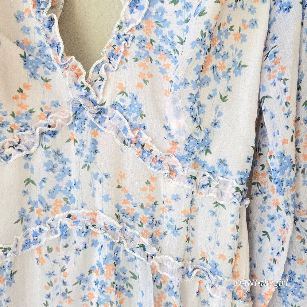 Floral Chiffon Open Back Cutout Ruffle Trim Semi-Sheer Long Sleeve Dress - Picture 7 of 15